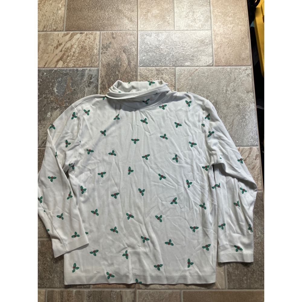 Aileen‎ White Holly Berry Print Long Sleeve Turtleneck Top Size L